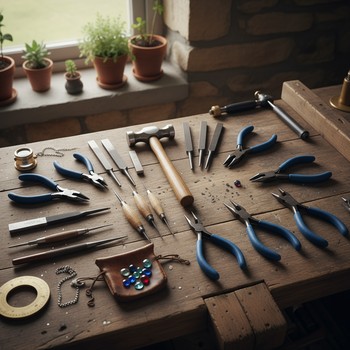Jeweler’s bench with tools and wood block