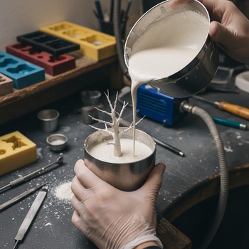Plaster investment being poured over wax