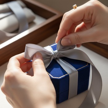 Hands tying a linen ribbon around a jewelry box