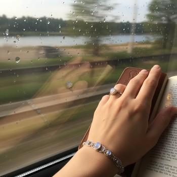 Train window reflection showing a hoop earring