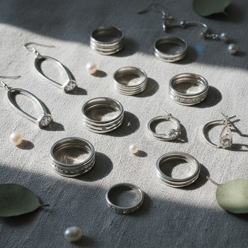Sterling silver flatlay under soft light