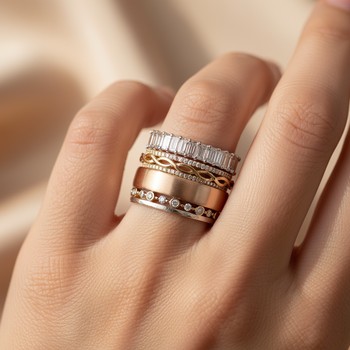 Stack of slim baguette-cut bands in yellow gold